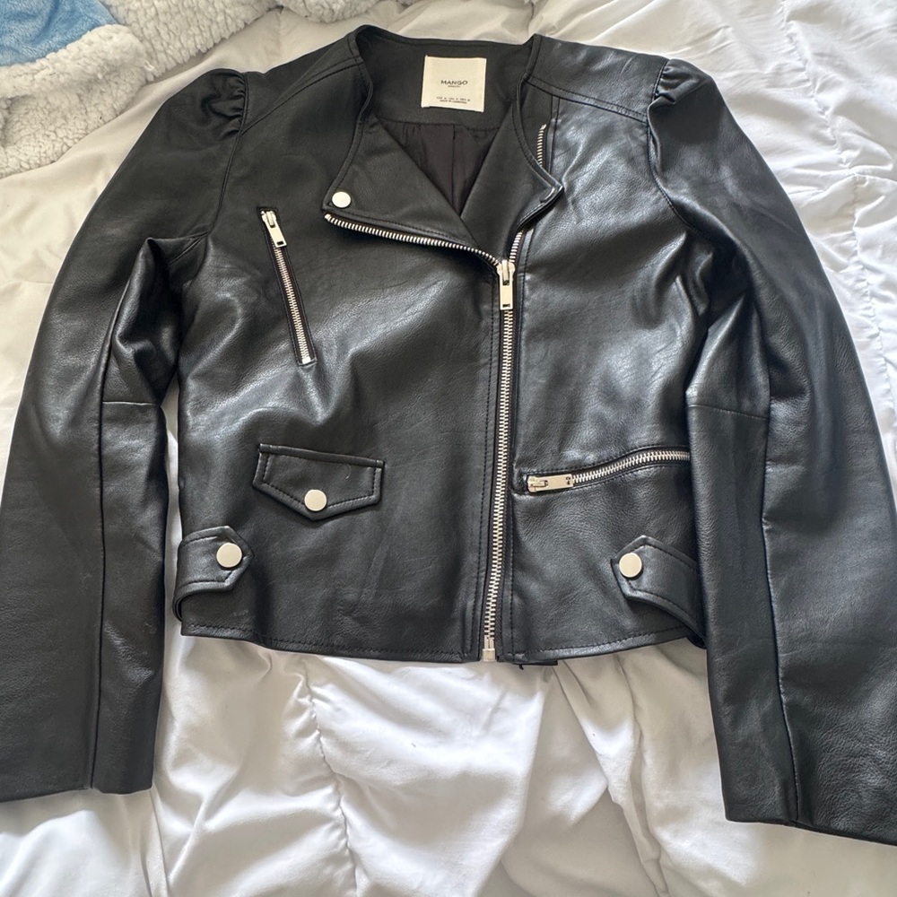 Mango Leather effect black jacket with Asymmetrical zip moto-biker
